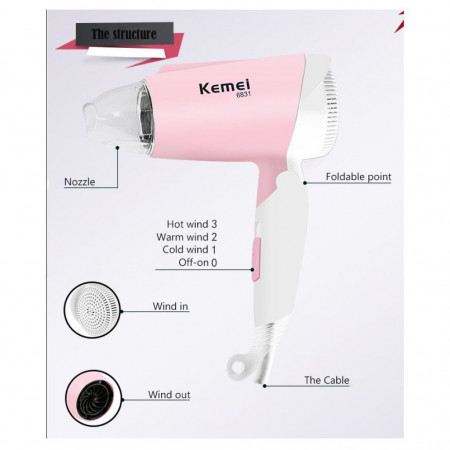 Kemei KM6831 Cool and Hot Foldable Electric Hair Dryer for Women